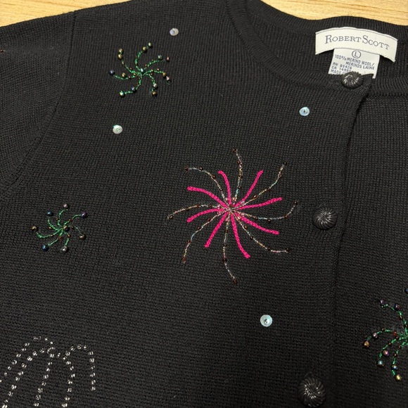 Vintage 90s Robert Scott Sweater Cardigan Wool Black Womens Large Bling Sequin - Picture 6 of 15